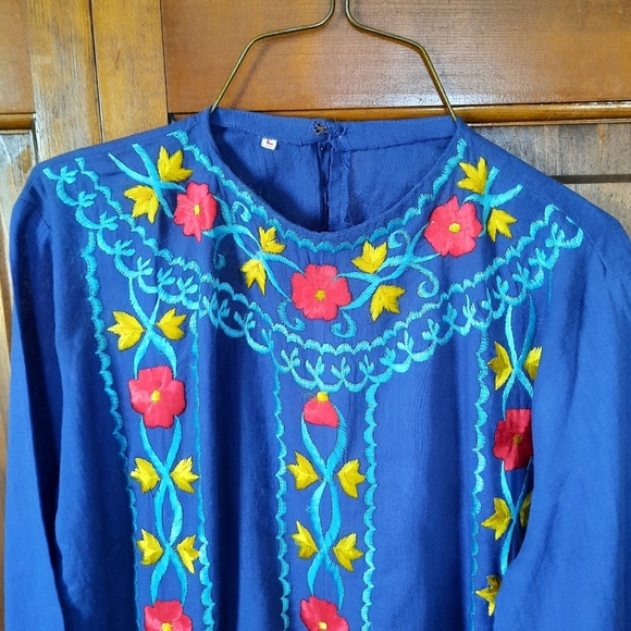 NWT Kurta/kurti Handcrafted Floral Embroidered Blue Cotton Long Sleeve Dress - Picture 4 of 11